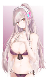 Rule 34 | 1girl, azur lane, bare arms, bare shoulders, bikini, black choker, blush, breasts, butterfly hair ornament, choker, cleavage, closed mouth, collarbone, commentary request, cowboy shot, dunkerque (azur lane), dunkerque (summer sucre) (azur lane), earrings, front-tie bikini top, front-tie top, groin, hair ornament, hands up, head tilt, headdress, highres, jewelry, large breasts, long hair, looking at viewer, navel, off shoulder, own hands together, ponytail, purple bikini, red eyes, ru zhai, see-through, side-tie bikini bottom, sidelocks, silver hair, solo, standing, stomach, swimsuit, very long hair