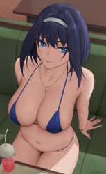 Rule 34 | 1girl, bare shoulders, bikini, blue bikini, blush, breasts, cleavage, collarbone, cup, disposable cup, hair intakes, headband, highres, hololive, hololive english, jewelry, large breasts, looking at viewer, micro bikini, necklace, ouro kronii, short hair, sitting, smile, solo, swimsuit, table, thighs, virtual youtuber, zaphn