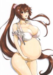 Rule 34 | 1girl, absurdres, ajikeneko, big belly, bikini, blush, breasts, collarbone, cowboy shot, floating hair, flower, hair flower, hair intakes, hair ornament, halterneck, head tilt, highres, kantai collection, large breasts, long hair, looking at viewer, open mouth, outie navel, pink flower, ponytail, pregnant, sidelocks, smile, solo, swimsuit, traditional media, very long hair, white bikini, yamato (kancolle)