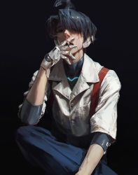 Rule 34 | 1boy, android, black background, black hair, blue eyes, cigarette, crossed legs, dino (dinoartforame), highres, holding, holding cigarette, looking at viewer, male focus, mechanical hands, original, painterly, photo-referenced, real life, science fiction, simple background, sleeves rolled up, smoke, smoking, solo, veins