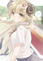 Rule 34 | 1girl, ?, absurdres, ahoge, alternate costume, blonde hair, blue skirt, blurry, blurry background, blush, breasts, commentary, cowboy shot, hair ornament, hairclip, harui (hr x9 ), highres, hololive, horns, light particles, long hair, looking at viewer, medium breasts, neck ribbon, pleated skirt, purple eyes, red ribbon, ribbon, school uniform, sheep horns, shirt, short sleeves, signature, skirt, solo, spoken question mark, tsunomaki watame, virtual youtuber, white shirt