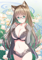 Rule 34 | 1girl, :o, animal ear fluff, animal ears, arms up, black panties, bra, breasts, brown hair, cardigan, cat ears, cleavage, commentary request, glasses, gradient hair, green eyes, green hair, grey cardigan, highres, lace, lace-trimmed bra, lace-trimmed panties, lace trim, large breasts, looking at viewer, multicolored hair, navel, nekobaka, open cardigan, open clothes, original, panties, parted lips, pink bra, thighs, underwear