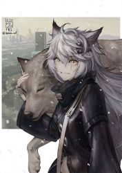 Rule 34 | 1girl, animal ears, arknights, cityscape, closed eyes, hair ornament, highres, hug, ikeda (cpt), jacket, lappland (arknights), long hair, looking at viewer, looking to the side, pale skin, scar, smile, snow, white hair, wolf, wolf ears, yellow eyes