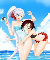 Rule 34 | 2girls, arms around waist, bikini, blue eyes, blue sky, blush, breasts, brown hair, cleavage, cloud, day, food, grin, highres, ice cream, jumping, kimmy77, legs, long hair, multiple girls, navel, one-piece swimsuit, ruby rose, rwby, short hair, grey eyes, sky, small breasts, smile, swimsuit, tackle, thighs, weiss schnee, white hair