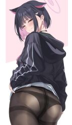 Rule 34 | 1girl, black hair, blue archive, highres, kazusa (blue archive), long sleeves, looking at viewer, maosame, multicolored hair, pantyhose, pink eyes, solo, two-tone hair