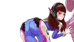 Rule 34 | 1girl, artist request, ass, bent over, bodysuit, brown eyes, brown hair, d.va (overwatch), facial mark, gloves, headphones, highres, leaning, leaning forward, long hair, looking at viewer, looking back, overwatch, overwatch 1, simple background, solo, symbol-shaped pupils, white background