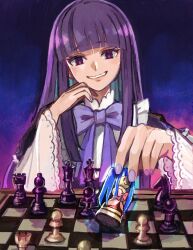 1girl bishop_(chess) blunt_bangs blunt_ends board_game bow chess chess_piece chessboard colored_inner_hair dress evil_grin evil_smile frederica_bernkastel frilled_dress frilled_sleeves frills furudo_erika gradient_background grin highres holding holding_chess_piece king_(chess) knight_(chess) lolita_fashion long_hair long_sleeves looking_at_object multicolored_hair nauka pawn_(chess) playing_chess playing_games puffy_long_sleeves puffy_sleeves purple_eyes purple_hair purple_nails queen_(chess) ribbon rook_(chess) smile solo umineko_no_naku_koro_ni