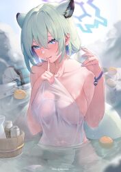 Rule 34 | 1girl, absurdres, alcohol, animal ears, bath, bathing, blue archive, blue eyes, blurry, blurry background, blush, bottle, breasts, character doll, choko (cup), cleavage, collarbone, covering privates, cup, day, finger to mouth, green hair, grenade launcher, hair between eyes, hair ornament, halo, hand up, highres, holding, index finger raised, jwthor, large breasts, long hair, looking at viewer, nail polish, naked towel, nodoka (blue archive), nude cover, official alternate costume, onsen, open mouth, outdoors, partially submerged, purple halo, rock, sake bottle, see-through, shigure (blue archive), shigure (hot spring) (blue archive), short hair, shushing, sidelocks, smile, solo, steam, tail, tongue, tongue out, towel, upper body, water, watermark, weapon, weasel ears, weasel girl, weasel tail, wet, wet towel, white towel