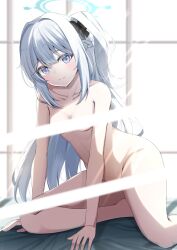 Rule 34 | 1girl, absurdres, animal ears, bed, blue archive, blue eyes, blue halo, blush, braid, breasts, closed mouth, collarbone, completely nude, fake animal ears, grey hair, groin, halo, highres, indoors, kamesys, light censor, looking at viewer, miyako (blue archive), nude, one side up, rabbit ears, small breasts, smile, solo, thighs