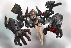 Rule 34 | 1girl, bare legs, barefoot, between breasts, black neckwear, black panties, blonde hair, breasts, choker, collarbone, extra arms, full body, gun, highres, jacket, kouchong wen, lips, lipstick, long hair, long sleeves, looking at viewer, machine gun, machinery, makeup, medium breasts, missile pod, mole, mole under eye, navel, nose, open clothes, open jacket, open mouth, original, outstretched arms, panties, red lips, smile, solo, stomach, teeth, thigh strap, toenails, toes, turret, underwear, weapon