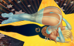 Rule 34 | 1girl, arm support, ass, blonde hair, blue panties, blue thighhighs, breasts, bridal gauntlets, cameltoe, crossed legs, crown, unworn crown, garter straps, glowing, glowing eyes, highres, large breasts, legs together, lingerie, long hair, looking at viewer, mario (series), mini crown, nintendo, paid reward available, panties, rosalina, solo, star (symbol), super mario galaxy, themaestronoob, thighhighs, top-down bottom-up, underwear, upside-down, wand