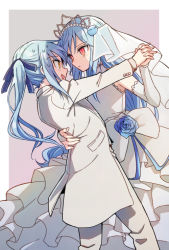 Rule 34 | 2others, androgynous, blue hair, bridal veil, ciel (tensei shitara slime datta ken), clone, closed mouth, dress, dual persona, flower, formal, hair between eyes, hair ribbon, holding hands, long hair, multiple others, open mouth, ponytail, red eyes, ribbon, rimuru tempest, shake sawa, simple background, smile, suit, sweat, tensei shitara slime datta ken, tiara, veil, very long hair, white dress, white suit, yellow eyes