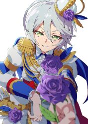 Rule 34 | 1girl, ahoge, aiguillette, androgynous, blurry, blurry foreground, commentary request, crown, epaulettes, flower, green eyes, grey hair, hair between eyes, highres, holding, holding flower, incoming gift, jacket, long sleeves, looking at viewer, open mouth, pretty series, pripara, purple flower, purple rose, reverse trap, rose, shikyoin hibiki, short hair, simple background, smile, solo, tsujii luki, upper body, white background, white jacket