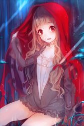 Rule 34 | 1girl, :d, blonde hair, breasts, cape, dress, hair between eyes, long hair, long sleeves, looking at viewer, open mouth, plant, rain, red cape, red dress, red eyes, red riding hood (sinoalice), sinoalice, sitting, small breasts, smile, solo, teroru, water drop