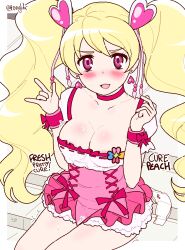 Rule 34 | 1girl, areola slip, bare legs, blonde hair, blush, border, breasts, choker, cleavage, collar, cure peach, dress, english text, fresh precure!, hair ornament, large breasts, long hair, magical girl, momozono love, nipples, no bra, no panties, open mouth, panties, unworn panties, pongldr, pov, precure, red eyes, self-upload, simple background, skirt, smile, thick thighs, thighs, trembling, twintails, underwear, white border