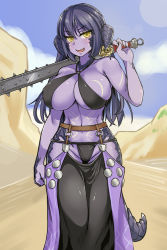 Rule 34 | 1girl, asanagi (style), au ra, bikini, black bikini, blush, breasts, cloud, club (weapon), colored skin, curvy, desert, dragon girl, dragon horns, dragon tail, fang, final fantasy, final fantasy xiv, highres, horns, huge breasts, looking at viewer, navel, open mouth, over shoulder, panties, purple skin, revealing clothes, sand, scales, shiny clothes, shiny skin, sirachi, skindentation, sky, solo, swimsuit, sword, tail, tattoo, underwear, weapon, weapon over shoulder, yellow eyes