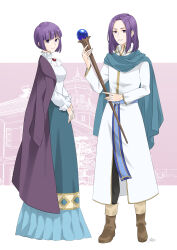 Rule 34 | 1boy, 1girl, absurdres, blue scarf, blunt bangs, boots, brown footwear, commentary request, commission, dress, fire emblem, fire emblem: the binding blade, full body, highres, holding, holding staff, long dress, looking at viewer, medium hair, midori no baku, nintendo, pink background, pixiv commission, purple eyes, purple hair, robe, scarf, short hair, smile, staff, teeth, white background, white robe