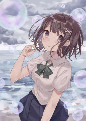 Rule 34 | 1girl, beach, blue skirt, blush, bow, brown hair, bubble, bubble pipe, closed mouth, cloud, cloudy sky, collared shirt, commentary request, dress shirt, green bow, hair ornament, horizon, looking at viewer, minasenagi, ocean, original, outdoors, pleated skirt, purple eyes, sand, shirt, short sleeves, sidelocks, skirt, sky, smile, solo, water, white shirt, x hair ornament