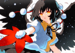 Rule 34 | 1girl, bad id, bad twitter id, bird wings, black hair, black skirt, black wings, feathered wings, hair between eyes, hand fan, hat, hauchiwa, highres, holding, holding fan, open mouth, orange eyes, pointy ears, pom pom (clothes), puffy short sleeves, puffy sleeves, qqqrinkappp, red hat, shameimaru aya, shirt, short hair, short sleeves, skirt, solo, tokin hat, touhou, upper body, white shirt, wings