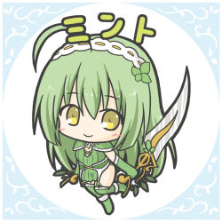 Rule 34 | 1girl, ahoge, blush, boots, breasts, character name, chibi, closed mouth, dress, dual wielding, elbow gloves, flower knight girl, full body, gloves, green dress, green footwear, green gloves, green hair, green thighhighs, hair between eyes, holding, holding sword, holding weapon, long hair, mint (flower knight girl), over-kneehighs, ri-net, small breasts, smile, solo, standing, standing on one leg, sword, thighhighs, thighhighs under boots, very long hair, weapon, yellow eyes