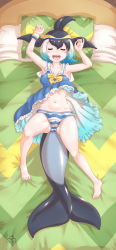 Rule 34 | 1girl, absurdres, aqua hair, armpits, arms up, artist logo, bare arms, bare legs, barefoot, bed, black hair, blonde hair, blowhole, blue hair, bow, bowtie, breasts, cameltoe, cetacean tail, closed eyes, collared dress, common dolphin (kemono friends), dorsal fin, dress, facing viewer, fins, fish tail, frilled dress, frills, from above, gluteal fold, hair between eyes, head fins, highres, hip bones, indoors, kemono friends, knee up, lying, medium dress, medium hair, mikan toshi, multicolored hair, navel, on back, on bed, open mouth, panties, pillow, sailor collar, sleeveless, sleeveless dress, small breasts, smile, solo, spread legs, stomach, striped clothes, striped panties, tail, textless version, toes, underwear, white hair, wristband
