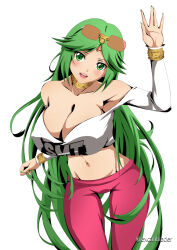 Rule 34 | 1girl, artist name, blush, breasts, cleavage, excaliblader, green hair, highres, kid icarus, large breasts, lipstick, long hair, looking at viewer, makeup, midriff, navel, nintendo, open mouth, palutena, pants, shirt, sleeveless, sleeveless shirt, smile, solo, sunglasses on head, very long hair