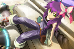 Rule 34 | 1girl, aquakurow, basquash!, flat chest, flora skybloom, green eyes, long hair, looking at viewer, mecha, open mouth, overalls, purple hair, robot, shoes, sitting, sneakers, solo
