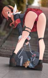 Rule 34 | 1girl, absurdres, armband, ass, bag, bent over, black gloves, black socks, blurry, blurry background, brown footwear, brown hair, cameltoe, commission, fingerless gloves, from behind, girls&#039; frontline, gloves, green eyes, headphones, highres, howa type 89 (girls&#039; frontline), long hair, long sleeves, looking at viewer, looking back, open mouth, outdoors, panties, red panties, red skirt, school bag, shoes, skirt, smile, socks, solo, standing, thighs, underwear, z.taiga