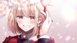 Rule 34 | 2girls, adjusting another&#039;s hair, blonde hair, blue dress, blue ribbon, blurry, blurry foreground, blush, bob cut, cherry blossoms, clenched teeth, collared shirt, commentary, dress, ear blush, falling petals, hair ribbon, highres, inoue takina, lens flare, light particles, long sleeves, looking at viewer, lycoris recoil, lycoris uniform, multiple girls, neck ribbon, nishikigi chisato, nndm ak, one side up, petals, piercing hole, portrait, pov, red dress, red eyes, red ribbon, ribbon, shade, shirt, short hair, single sidelock, smile, teeth, white shirt, yuri