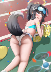 Rule 34 | 1girl, all fours, animal ears, ass, blue archive, cheerleader, crop top, dog ears, dog girl, dog tail, drone, goggles, goggles on head, halo, hibiki (blue archive), hibiki (cheer squad) (blue archive), highres, holding, holding pom poms, iro (boo iro), millennium cheerleader outfit (blue archive), miniskirt, panties, pleated skirt, pom pom (cheerleading), pom poms, skirt, solo, tail, underwear, white panties, white skirt