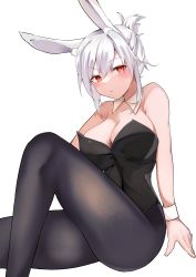 Rule 34 | 1girl, :&lt;, absurdres, animal ear fluff, animal ears, arm at side, bare arms, bare shoulders, black leotard, black pantyhose, breasts, cleavage, collarbone, commentary request, dot mouth, dot nose, expressionless, feet out of frame, forehead, hair between eyes, highres, knee up, large breasts, league of legends, leotard, looking at viewer, medium hair, pantyhose, playboy bunny, rabbit ears, red eyes, riven (league of legends), saki (14793221), simple background, sitting, slit pupils, solo, strapless, strapless leotard, white background, white hair