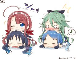 Rule 34 | +++, 10s, 4girls, :3, ^^^, ahoge, blue hair, blush, chibi, closed eyes, commentary request, flying sweatdrops, girl on top, gloves, gradient hair, green hair, grin, hair ornament, hair ribbon, hairclip, highres, kantai collection, kawakaze (kancolle), long hair, low twintails, mae (maesanpicture), motion lines, multicolored hair, multiple girls, musical note, numbered, o o, one eye closed, quaver, red hair, red ribbon, ribbon, samidare (kancolle), skirt, sleeping, smile, spoken musical note, suzukaze (kancolle), thighhighs, thought bubble, twintails, twitter username, yamakaze (kancolle), zzz