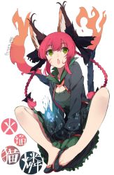 Rule 34 | 1girl, adapted costume, alternate costume, alternate eye color, animal ears, bad id, bad twitter id, braid, cat ears, cat tail, cleavage cutout, clothing cutout, dress, fang, fire, flame-tipped tail, full body, green eyes, hair ribbon, highres, kaenbyou rin, long hair, long sleeves, looking up, multiple tails, open mouth, red hair, ribbon, shoes, simple background, sitting, slit pupils, solo, tail, touhou, touzai (poppin phl95), twin braids, twitter username, vest, white background, wide sleeves