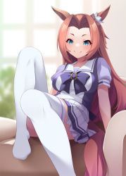 Rule 34 | &gt;:), 1girl, animal ears, blue eyes, blurry, blurry background, bow, breasts, brown hair, closed mouth, commentary request, depth of field, feet out of frame, forehead, frilled skirt, frills, highres, horse ears, horse girl, horse tail, indoors, kawakami princess (umamusume), knee up, long hair, medium breasts, mofu namako, no shoes, parted bangs, pleated skirt, puffy short sleeves, puffy sleeves, purple bow, purple shirt, school uniform, shirt, short sleeves, skirt, smile, solo, tail, thighhighs, tracen school uniform, umamusume, v-shaped eyebrows, very long hair, white skirt, white thighhighs
