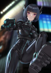 Rule 34 | 1girl, absurdres, black hair, blurry, blurry background, bodysuit, boots, breasts, commentary request, finger on trigger, gesugao, grin, gun, handgun, highres, holding, holding gun, holding weapon, horns, latex, latex bodysuit, looking at viewer, medium breasts, original, purple eyes, science fiction, shiny clothes, shoe soles, short hair, skin tight, smile, solo, tai (2vs), weapon