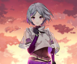 Rule 34 | 1girl, ammunition belt, bandolier, belt, blush, bodysuit, bodysuit under clothes, contender (girls&#039; frontline), elbow gloves, eyes visible through hair, girls&#039; frontline, gloves, grey hair, grey jacket, hand up, highres, jacket, kyui, looking at viewer, midriff peek, multicolored hair, navel, open mouth, purple eyes, purple skirt, see-through, short hair, skirt, sky, smile, solo, strap, streaked hair