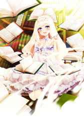 Rule 34 | 1girl, anz (starry), bad id, bad pixiv id, blue eyes, blush, bookshelf, dress, hairband, highres, long hair, open mouth, original, silver hair, smile, solo