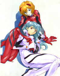 Rule 34 | 2girls, :o, alternate color, alternate eye color, alternate hair color, alternate hairstyle, arm around neck, arm support, ass, ayanami rei, blue eyes, blue hair, bodysuit, bracer, breasts, cleaned, clenched hand, cosplay, costume switch, derivative work, flat ass, from above, frown, gloves, hair between eyes, head tilt, headgear, holding hands, hug, hug from behind, interface headset, lap pillow, long hair, looking at viewer, lying, multiple girls, neon genesis evangelion, official art, on side, open mouth, orange hair, pale skin, palette swap, parted bangs, pilot suit, plugsuit, reclining, red eyes, sadamoto yoshiyuki, scan, shadow, short hair, signature, simple background, skinny, small breasts, souryuu asuka langley, third-party edit, turtleneck, white background, yuri