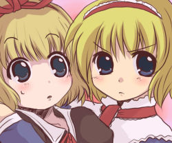 Rule 34 | &gt;:o, 2girls, :o, alice margatroid, blonde hair, blue eyes, blush, capelet, close-up, collarbone, eyebrows, female focus, looking at viewer, medicine melancholy, multiple girls, necktie, parted lips, red necktie, short hair, sweatdrop, toto (hitori othello), touhou, v-shaped eyebrows
