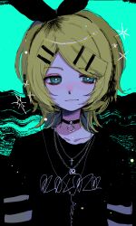 Rule 34 | 1girl, arms at sides, black choker, blonde hair, bow, choker, closed mouth, collarbone, emo fashion, eyeshadow, green eyes, hair bow, hair ornament, hairpin, headphones, highres, kagamine rin, long sleeves, looking at viewer, makeup, multiple hairpins, multiple necklaces, o-ring, o-ring choker, octopachi, pink eyeshadow, short hair, sketch, smile, solo, sparkle, star (symbol), upper body, vocaloid