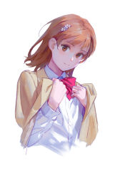 Rule 34 | 1girl, bow, bowtie, brown eyes, brown hair, brown jacket, commentary, cropped torso, curled fingers, eyelashes, flower, hair flower, hair ornament, hairclip, hands on own chest, highres, jacket, jacket on shoulders, light smile, looking at viewer, medium hair, misaka mikoto, open clothes, open jacket, red bow, red bowtie, romaji commentary, school uniform, shirt, simple background, smile, solo, toaru kagaku no railgun, toaru majutsu no index, tokiwadai school uniform, viscum, white background, white flower, white shirt