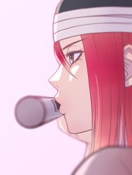 Rule 34 | 1girl, absurdres, blue background, commentary request, face, flute, from side, grey background, hat, highres, instrument, lips, long hair, mil k vanilla, naruto, naruto (series), red hair, simple background, solo, tayuya (naruto), white hat