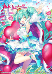 Rule 34 | 1girl, armpits, castle, cloud, commentary, crown, detached sleeves, dress, green eyes, green hair, hair ribbon, hatsune miku, hatsune miku graphy collection, heart, high heels, highres, long hair, mini crown, nail polish, one eye closed, open mouth, outdoors, outstretched arm, renta (deja-vu), ribbon, sky, solo, twintails, very long hair, vocaloid, white dress