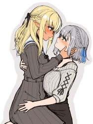 Rule 34 | 2girls, black skirt, blonde hair, blush, braid, breasts, brown eyes, crown braid, dark-skinned female, dark skin, dress, elf, from side, green eyes, grey dress, grey sweater, hair behind ear, hand on another&#039;s head, highres, hololive, large breasts, long hair, long pointy ears, looking down, looking up, multiple girls, official alternate costume, pointy ears, sailor collar, sazare (sazare az), shiranui flare, shiranui flare (street), shirogane noel, shirogane noel (casual), short hair, silver hair, sitting, sitting on person, skirt, sweater, sweater tucked in, virtual youtuber, white background, yuri