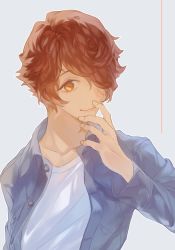 Rule 34 | 1boy, bad id, bad pixiv id, brown eyes, brown hair, carole &amp; tuesday, hair over one eye, highres, long sleeves, male focus, roddy (carole &amp; tuesday), shirt, simple background, smile, solo, standing, upper body, white shirt, xxiiiilixx