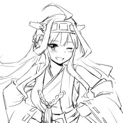 Rule 34 | 10s, 1girl, blush, greyscale, grin, hands on own hips, kantai collection, kongou (kancolle), long hair, looking at viewer, monochrome, one eye closed, simple background, sketch, smile, solo, white background, zaxwu
