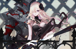 Rule 34 | 2girls, armor, bare shoulders, black dress, black flower, blonde hair, blurry, blurry background, breasts, character request, cleavage, commentary request, depth of field, dress, fate/grand order, fate (series), flower, full armor, glowing, glowing eyes, gun, hair flower, hair ornament, hair over one eye, helm, helmet, holding, holding gun, holding weapon, large breasts, long hair, looking at viewer, mordred (fate), mordred (fate/apocrypha), multiple girls, parted lips, purple eyes, rabbit (tukenitian), railing, sleeveless, sleeveless dress, very long hair, weapon, weapon request