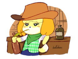 Rule 34 | animal crossing, brown background, cowboy hat, glass bottle, hat, isabelle (animal crossing), looking away, lueduar, mouth hold, nintendo, stalk in mouth, white background