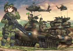 Rule 34 | 3girls, 6+others, adjusting clothes, adjusting headwear, agm-114 hellfire, ah-1 supercobra, ah-64 apache, air-to-surface missile, aircraft, anti-tank guided missile, anti-tank missile, assault rifle, attack helicopter, autocannon, black footwear, black gloves, blue sky, body armor, boots, brown eyes, brown hair, browning m2, camouflage, camouflage headwear, camouflage jacket, camouflage pants, cannon, chain gun, closed mouth, cloud, cloudy sky, cm-11 brave tiger, combat boots, commentary, commentary request, dusk, english commentary, flag, general-purpose machine gun, glasses, gloves, goggles, goggles on headwear, gradient sky, green headwear, green jacket, green pants, grenade launcher, gun, gunship, handgun, headphones, headset, heavy machine gun, helicopter, helicopter gunship, helmet, highres, holding, holding weapon, holster, jacket, knee pads, long sleeves, looking back, looking to the side, m1 abrams, m230 chain gun, m240, m299, m60 main battle tank, machine gun, magazine (weapon), medium machine gun, mikeran (mikelan), military, military uniform, military vehicle, missile, missile launcher, missile pod, missile rack, motion blur, motor vehicle, multiple girls, multiple others, orange sky, original, outdoors, pants, precision-guided munition, republic of china army, republic of china flag, rifle, rocket launcher, roundel, short hair, sky, standing, surface-to-surface missile, t91 assault rifle, taiwan, tank, thigh holster, trigger discipline, underbarrel grenade launcher, uniform, weapon