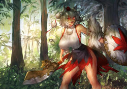 Rule 34 | 1girl, angry, animal ears, armpits, bare legs, breasts, commentary request, contrapposto, curvy, dappled sunlight, day, detached sleeves, fang, forest, grass, hanging breasts, hat, hip focus, holding, holding sword, holding weapon, inubashiri momiji, large breasts, leaf print, legs, melon22, miniskirt, muscular, muscular female, nature, open mouth, pom pom (clothes), red eyes, ribbon-trimmed sleeves, ribbon trim, shield, shiny skin, short hair, shouting, sideboob, sideways glance, skirt, solo, standing, sunlight, sword, tail, thighs, tokin hat, torn clothes, torn skirt, torn sleeves, touhou, tree, turtleneck, weapon, white hair, wide hips, wolf ears, wolf tail